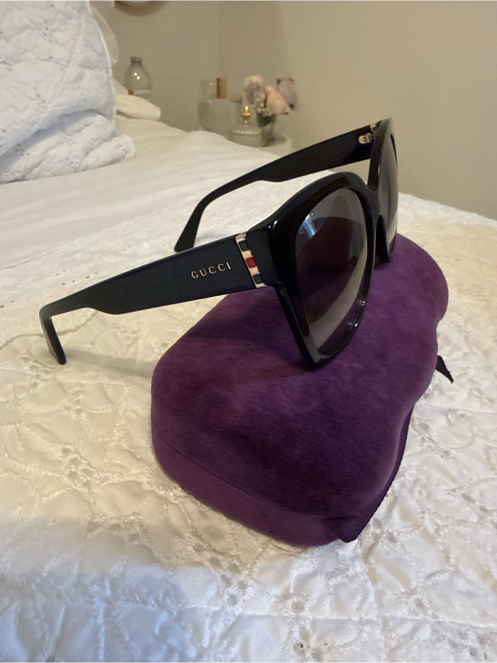 Gucci Black Acetate Women's Sunglasses with Gold Accents